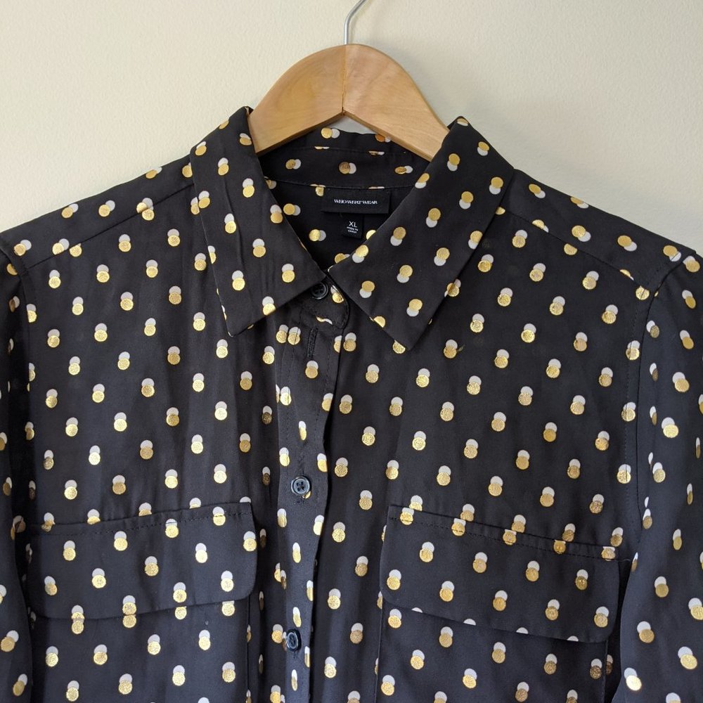 WHO WHAT WEAR Black Gold Foil Polka Dot Blouse XL